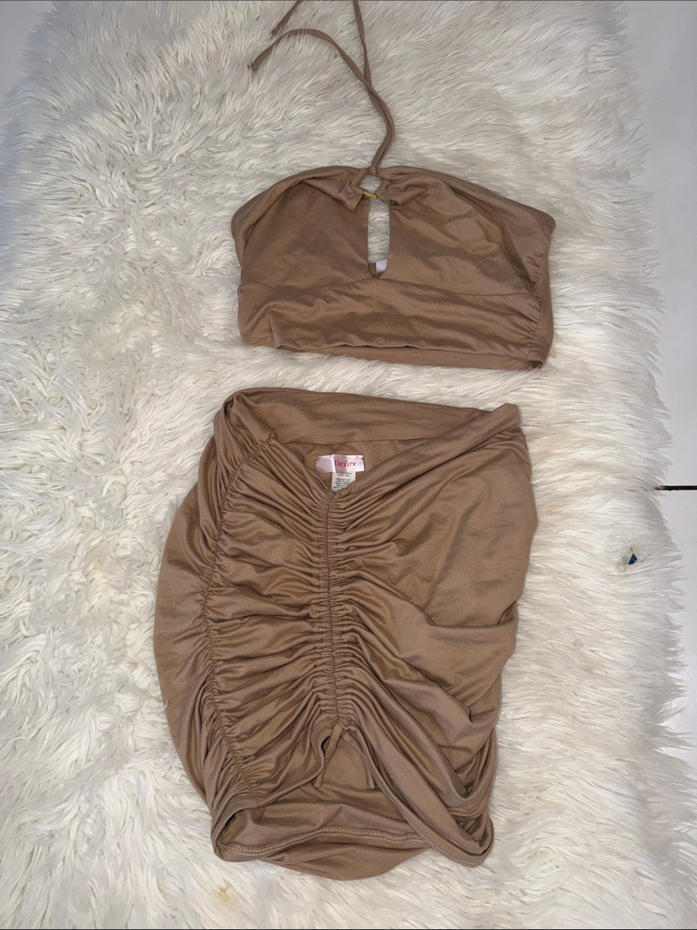 Ruched Tan Mini Skirt with Matching Halter Top - Womens Two-Piece Set